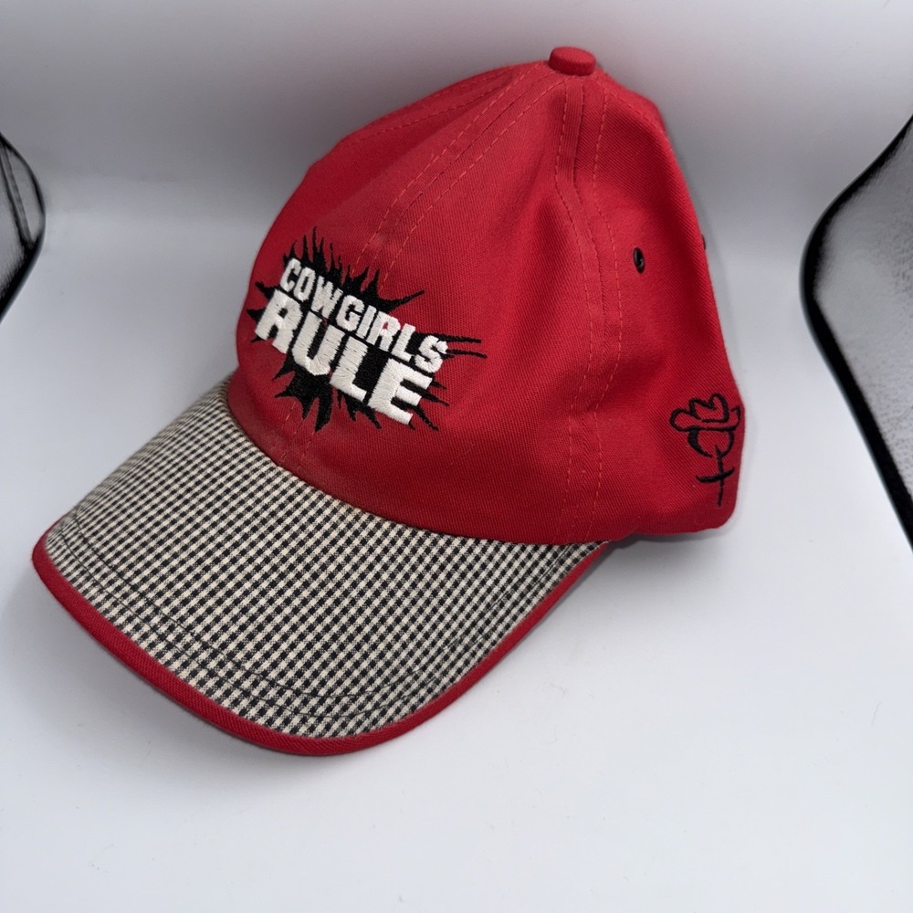COWGIRLS RULE Ball Cap Vintage Rodeo check Gingham Red Black White USA ponytail